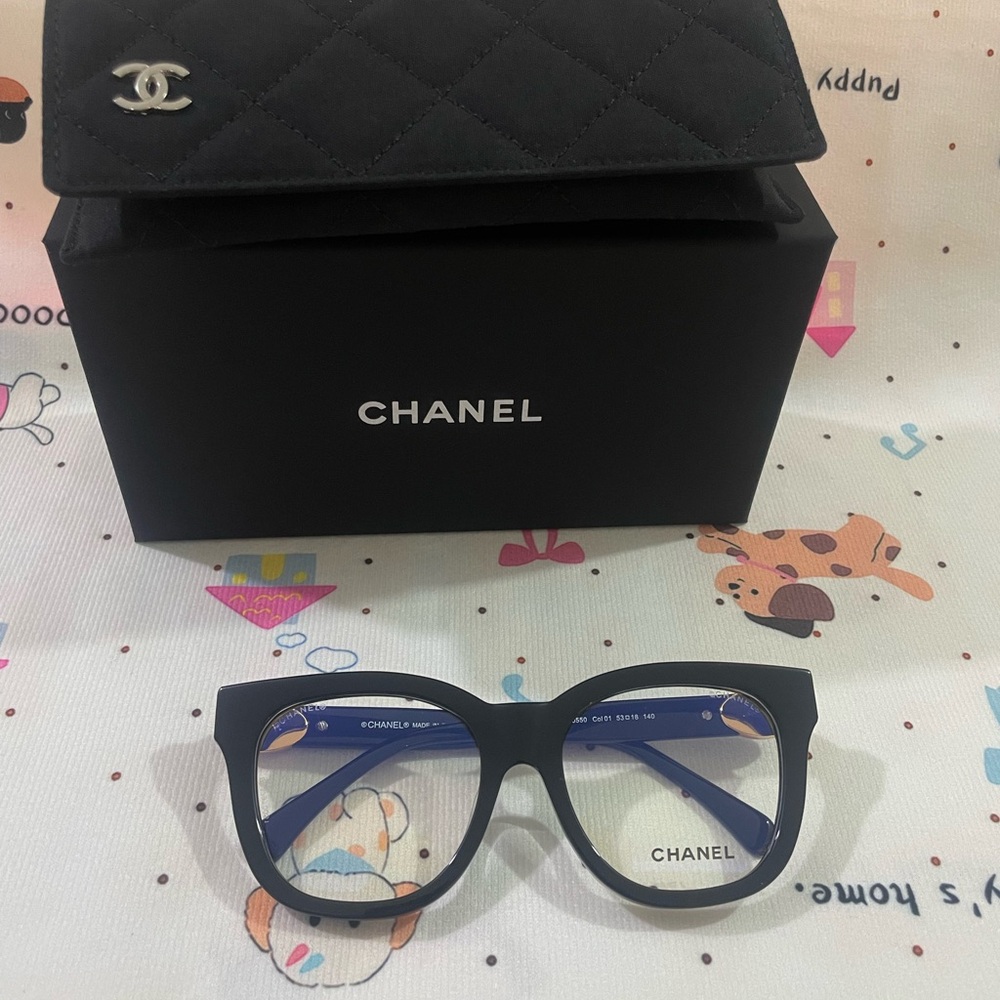 CHANEL Black Cat-Eye Optical Glasses with Blue Temples